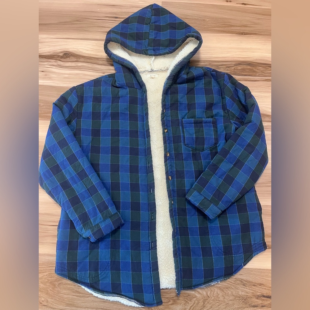 Women’s Easel Sherpa Lined Flannel Blue Plaid Size Medium M Hooded Button Jacket